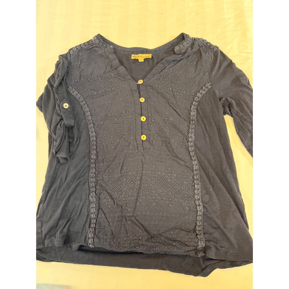 Democracy Womens Navy Blue Embroidered Henley Roll Tab Sleeve Top XS Boho Prep